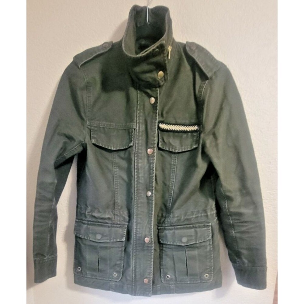 H&M Utility Jacket Coat Size 4 Military Drawstring Zip Snap Olive Green